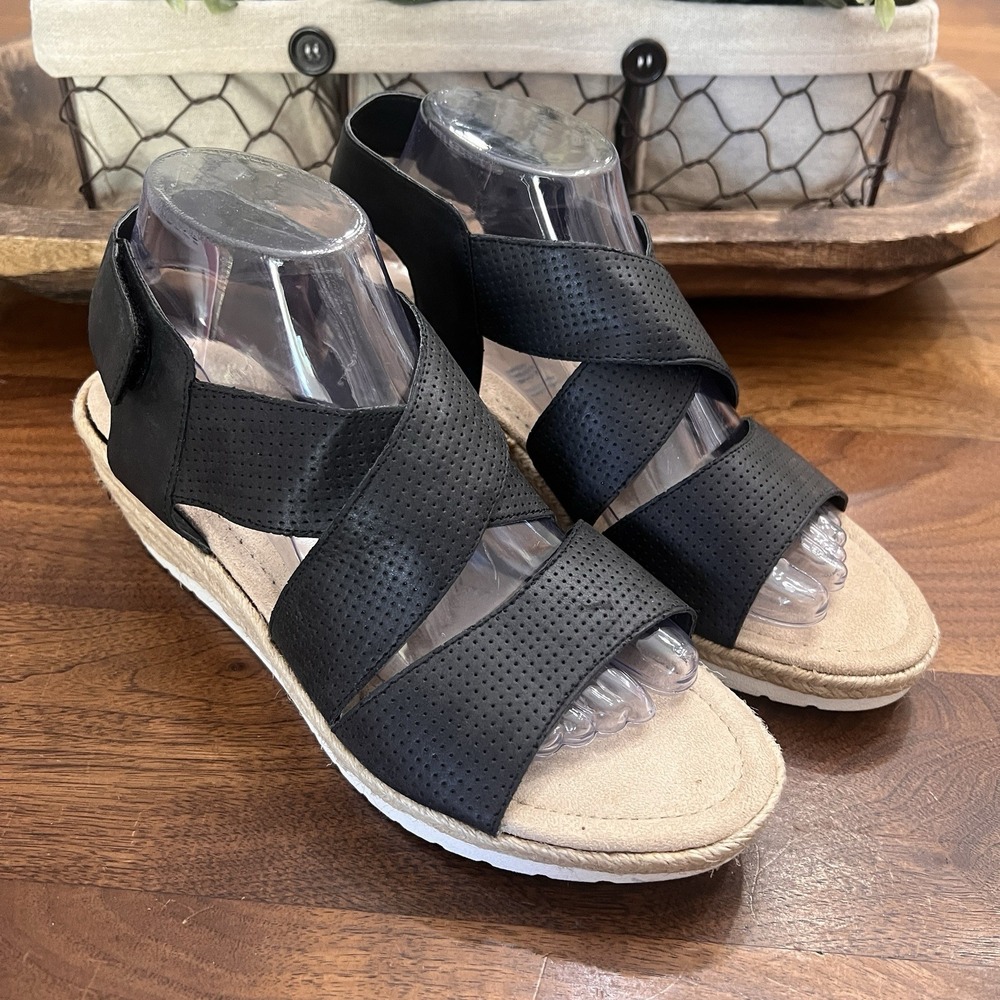 St Johns Bay Black SANDALS Womens Size 9M Criss Cross Wedge Heel Espadrille‎